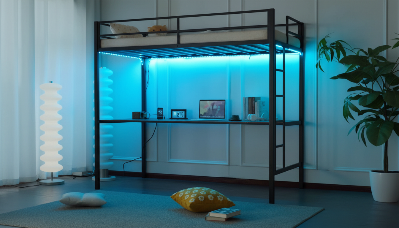 Twin Metal Loft Bed with Desk, LEDs & Charging Station